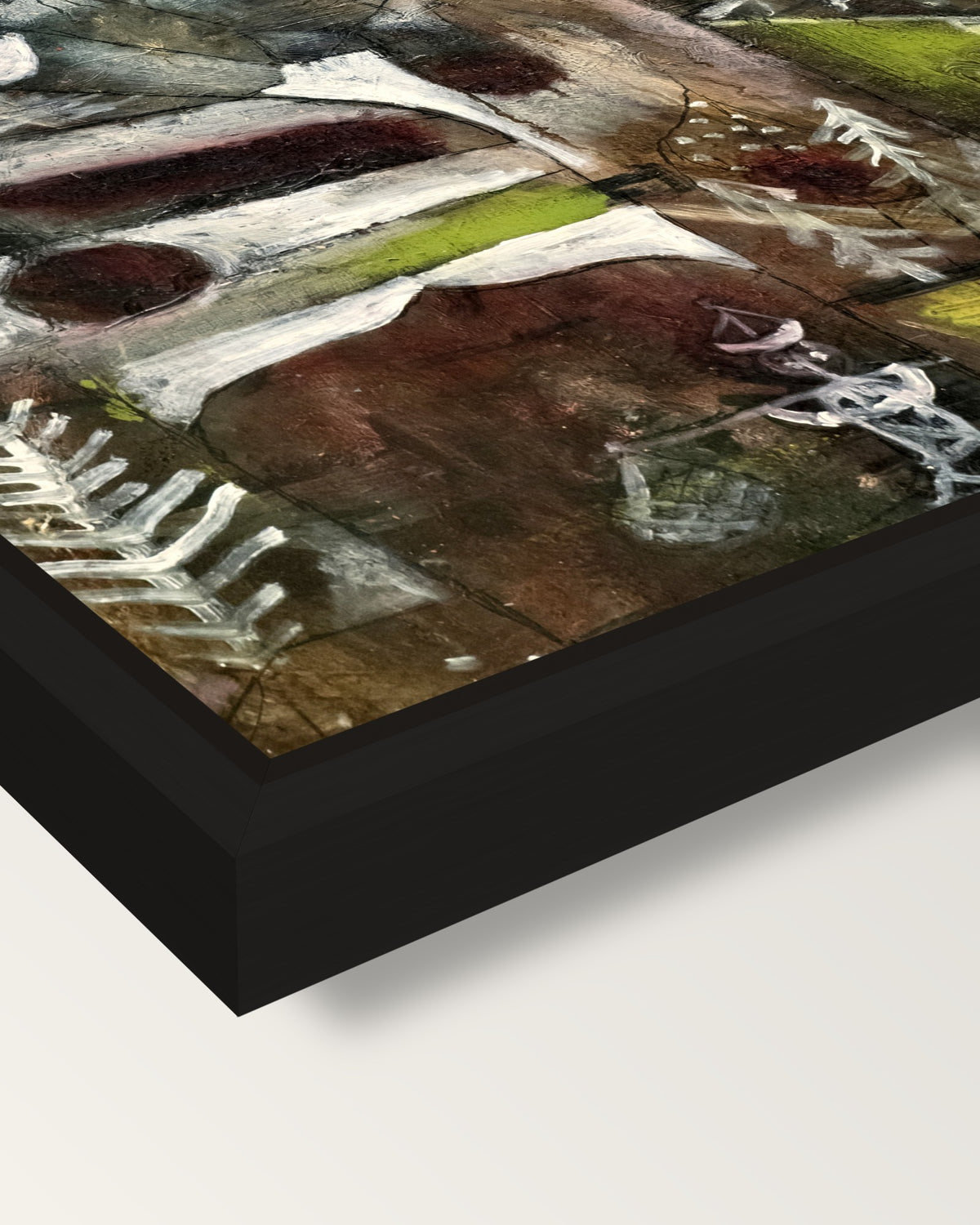Swamp Legend by Paul Klee framed canvas, corner close-up: a black floating frame with a shadow gap round the canvas