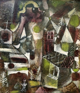 Swamp Legend by Paul Klee: a dark, dreamlike landscape of small houses, trees and a figure in greens, yellows and violet