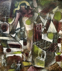 Swamp Legend by Paul Klee: a dark, dreamlike landscape of small houses, trees and a figure in greens, yellows and violet