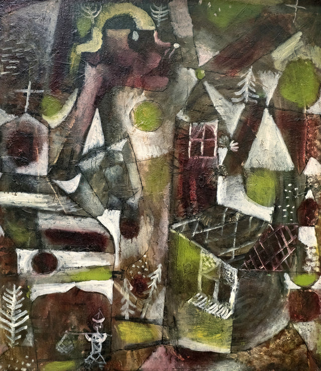 Swamp Legend by Paul Klee: a dark, dreamlike landscape of small houses, trees and a figure in greens, yellows and violet
