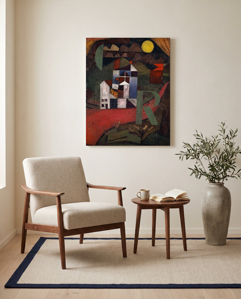 Villa R by Paul Klee as a stretched canvas above a linen lounge chair in a reading corner