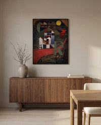 Villa R by Paul Klee in a black frame above a walnut sideboard in a dining room