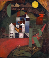 Villa R by Paul Klee: a white villa beside a red road under a yellow moon, with a large green letter R in the foreground
