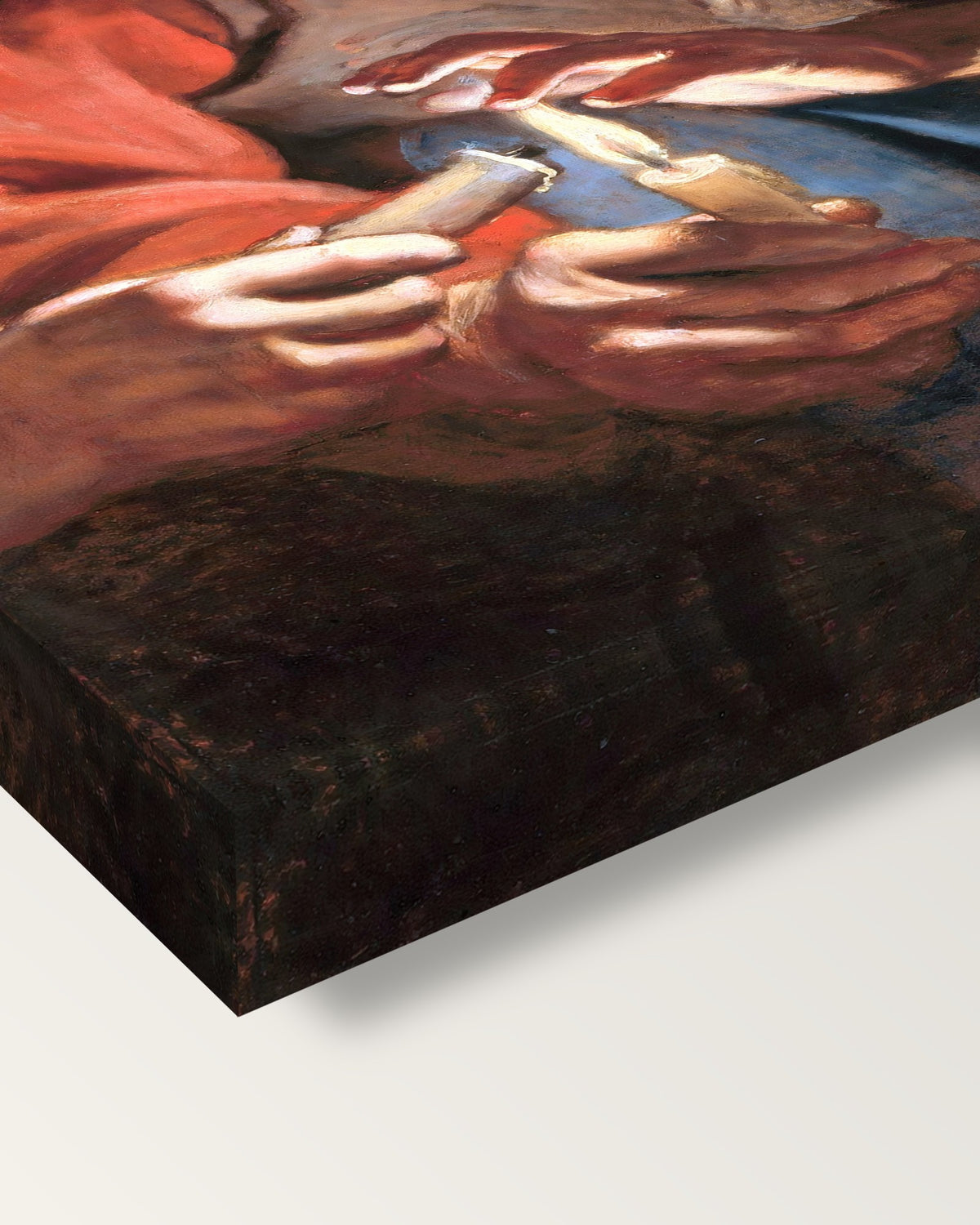 Old Woman and Boy, Candles by Rubens on stretched canvas, corner close-up: the painting mirror-wrapped round the sides