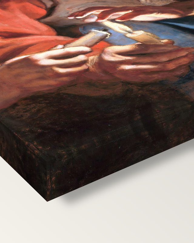 Old Woman and Boy, Candles by Rubens on stretched canvas, corner close-up: the painting mirror-wrapped round the sides