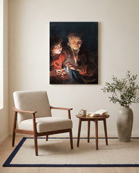 Old Woman and Boy, Candles by Peter Paul Rubens as a stretched canvas above a linen lounge chair in a reading corner