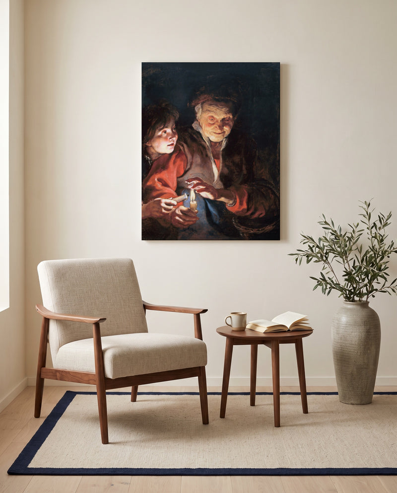 Old Woman and Boy, Candles by Peter Paul Rubens as a stretched canvas above a linen lounge chair in a reading corner