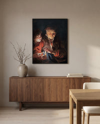 Old Woman and Boy, Candles by Peter Paul Rubens in a black frame above a walnut sideboard in a dining room