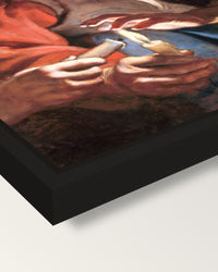 Old Woman and Boy, Candles framed canvas, corner close-up: a black floating frame with a shadow gap round the canvas