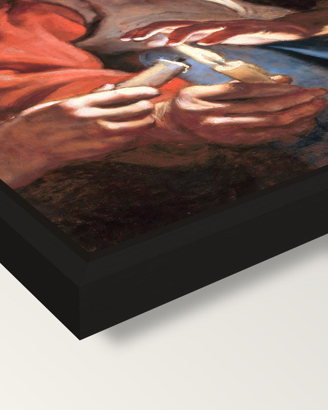 Old Woman and Boy, Candles framed canvas, corner close-up: a black floating frame with a shadow gap round the canvas