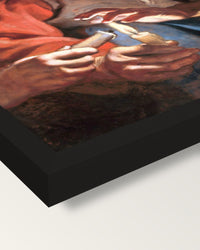 Old Woman and Boy, Candles by Rubens framed print, corner close-up: black moulding, mitred, the print set just below its edge