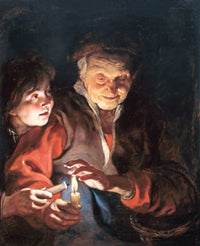 Old Woman and Boy with Candles by Rubens: an old woman shields a candle flame while a smiling boy lights his candle from it