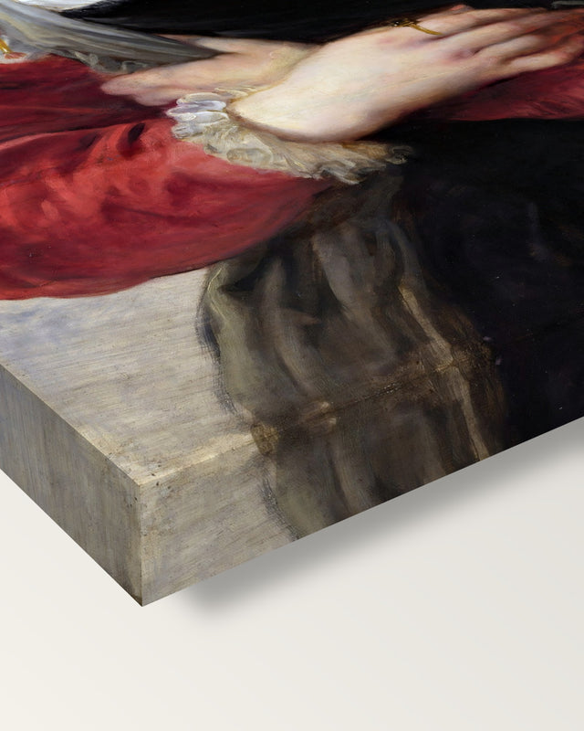 Le Chapeau de Paille by Peter Paul Rubens on stretched canvas, corner close-up: the painting mirror-wrapped round the sides