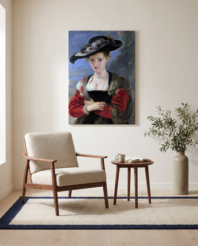 Le Chapeau de Paille by Peter Paul Rubens as a stretched canvas above a linen lounge chair in a reading corner