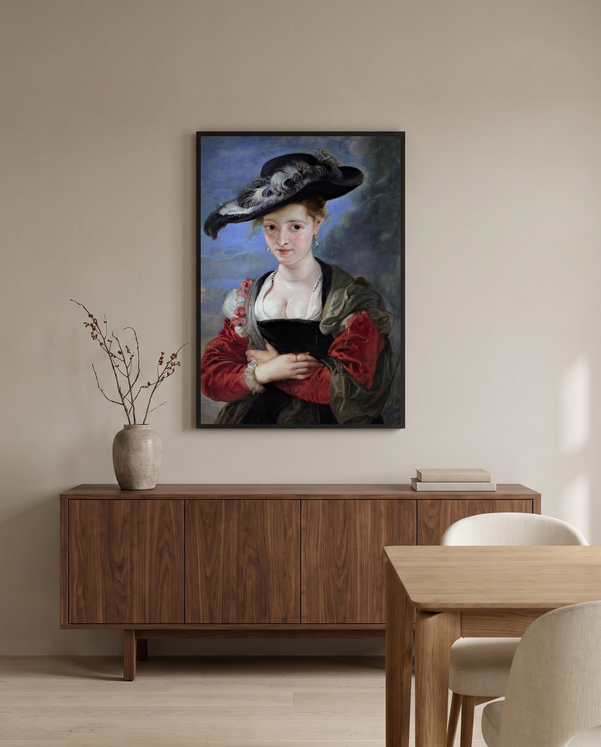 Le Chapeau de Paille by Peter Paul Rubens in a black frame above a walnut sideboard in a dining room