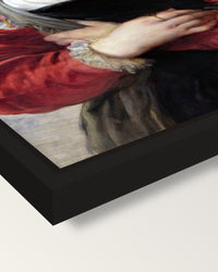 Le Chapeau de Paille by Rubens framed canvas, corner close-up: a black floating frame with a shadow gap round the canvas