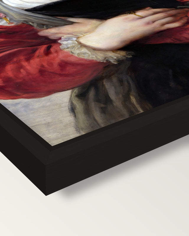 Le Chapeau de Paille by Rubens framed canvas, corner close-up: a black floating frame with a shadow gap round the canvas