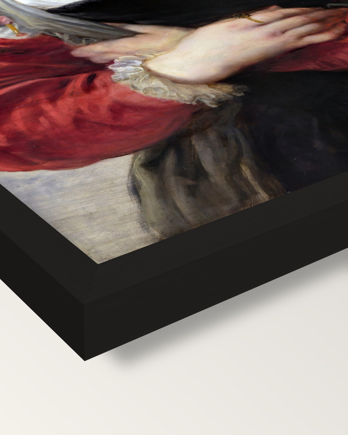 Le Chapeau de Paille by Rubens framed print, corner close-up: black moulding, mitred, the print set just below its edge