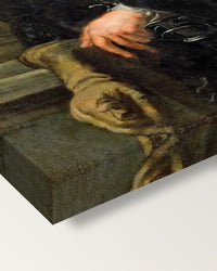 Self-Portrait by Peter Paul Rubens on stretched canvas, corner close-up: the painting mirror-wrapped round the sides