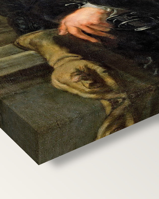 Self-Portrait by Peter Paul Rubens on stretched canvas, corner close-up: the painting mirror-wrapped round the sides