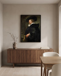 Self-Portrait by Peter Paul Rubens in a black frame above a walnut sideboard in a dining room