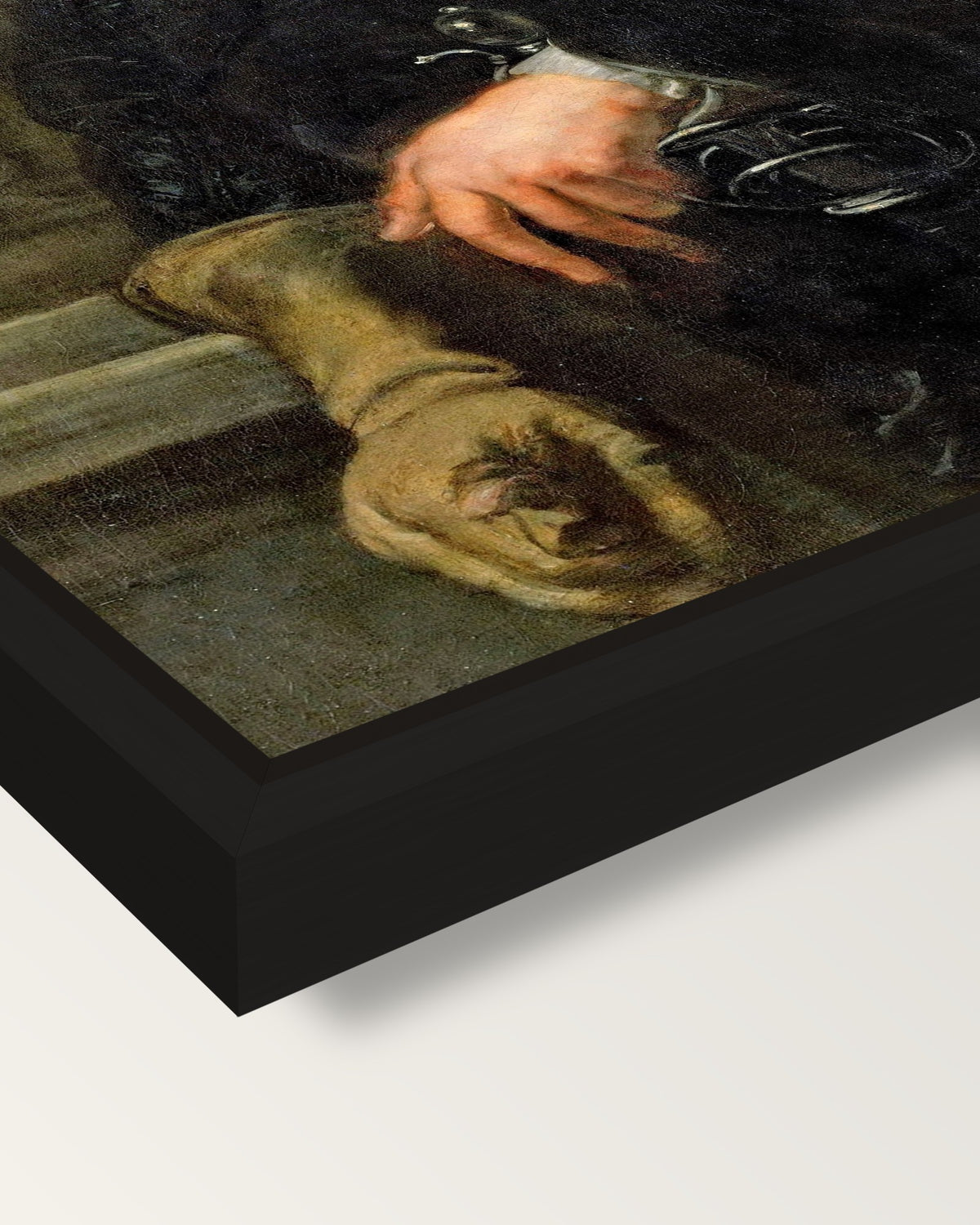 Self-Portrait by Peter Paul Rubens framed canvas, corner close-up: a black floating frame with a shadow gap round the canvas