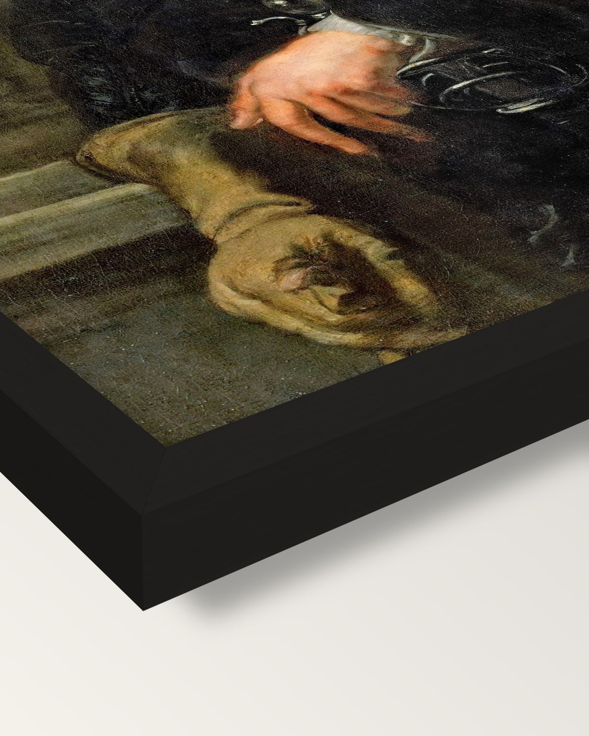 Self-Portrait by Peter Paul Rubens framed print, corner close-up: black moulding, mitred, the print set just below its edge