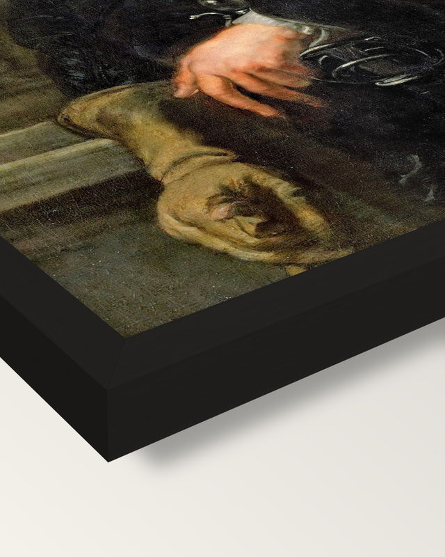 Self-Portrait by Peter Paul Rubens framed print, corner close-up: black moulding, mitred, the print set just below its edge