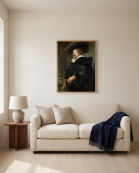 Self-Portrait by Peter Paul Rubens framed in natural oak above a cream sofa in a warm living room
