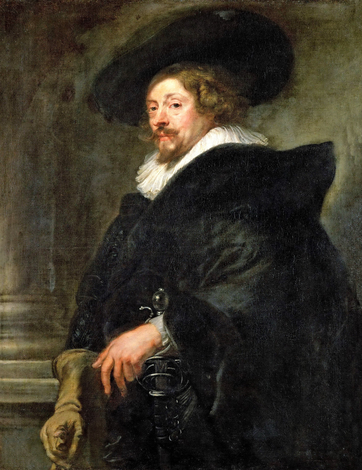Self-Portrait by Rubens: the painter in a wide black hat and black cloak, one gloved hand on his sword, a stone column behind
