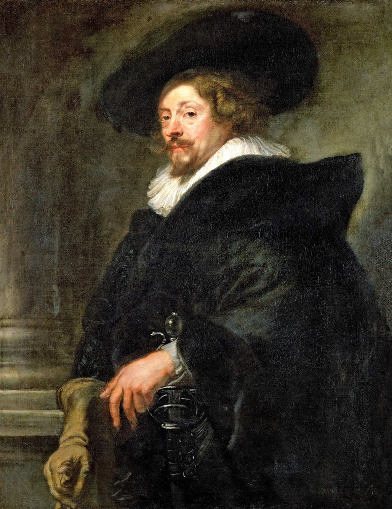 Self-Portrait by Rubens: the painter in a wide black hat and black cloak, one gloved hand on his sword, a stone column behind