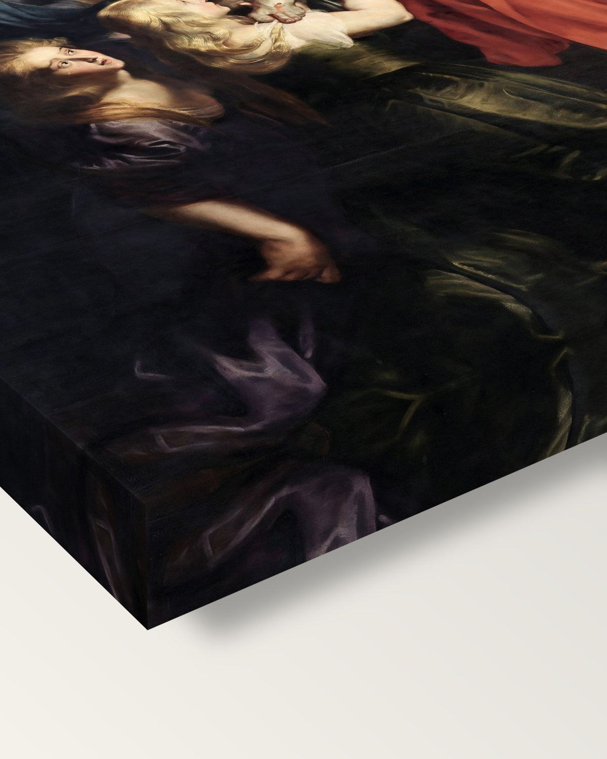 The Descent from the Cross by Rubens on stretched canvas, corner close-up: the painting mirror-wrapped round the sides