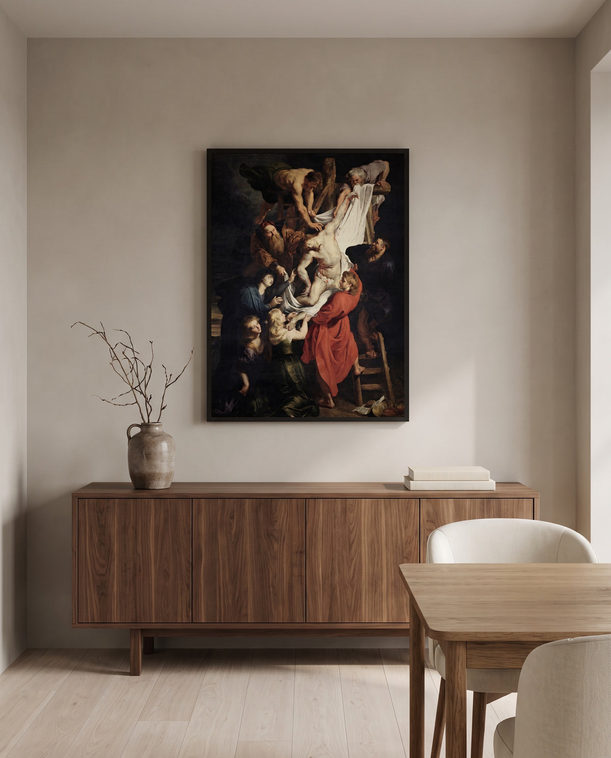 The Descent from the Cross by Peter Paul Rubens in a black frame above a walnut sideboard in a dining room