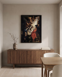 The Descent from the Cross by Peter Paul Rubens in a black frame above a walnut sideboard in a dining room