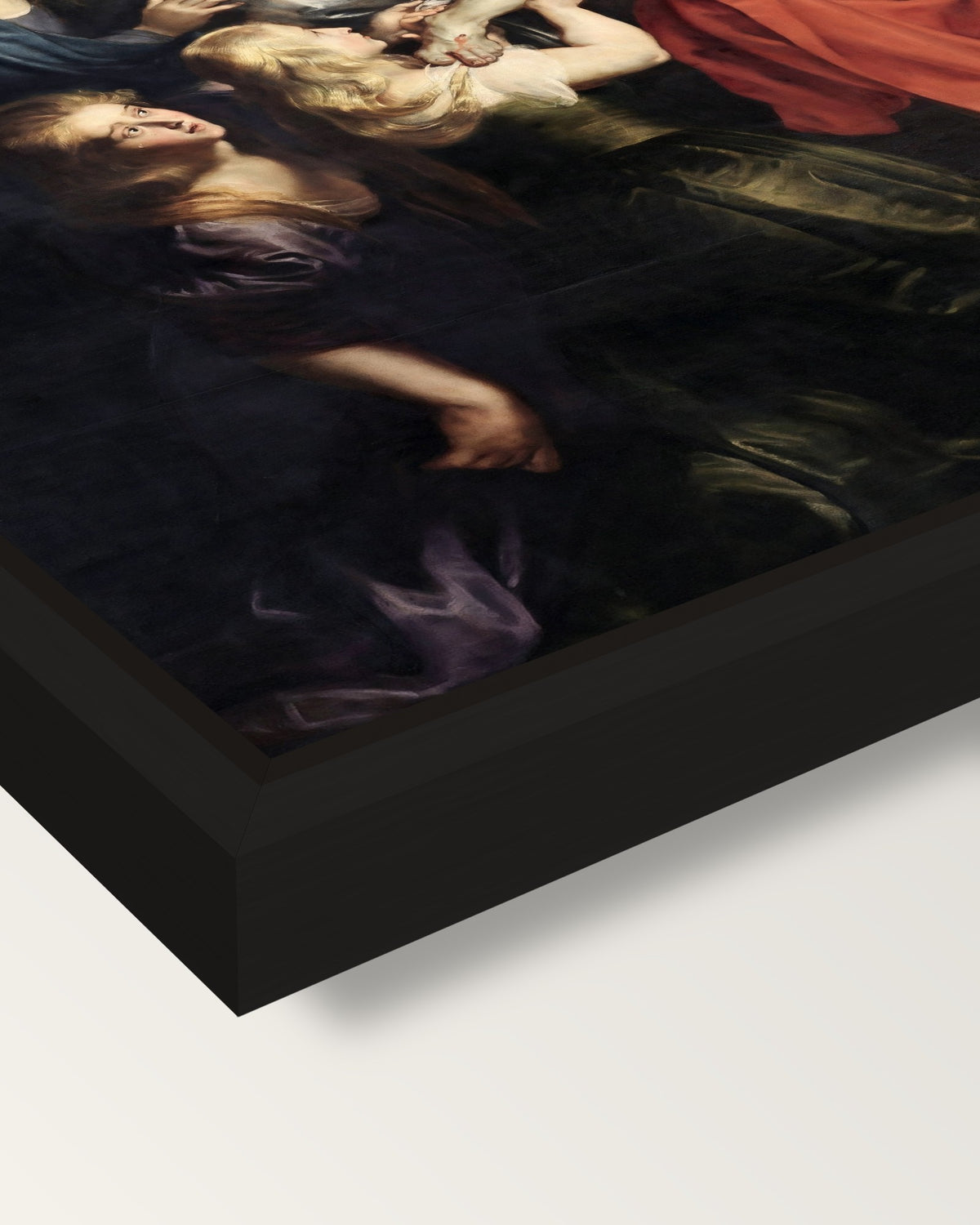 The Descent from the Cross framed canvas, corner close-up: a black floating frame with a shadow gap round the canvas