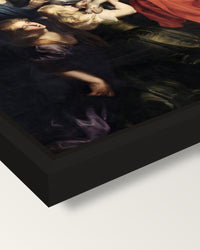The Descent from the Cross framed canvas, corner close-up: a black floating frame with a shadow gap round the canvas
