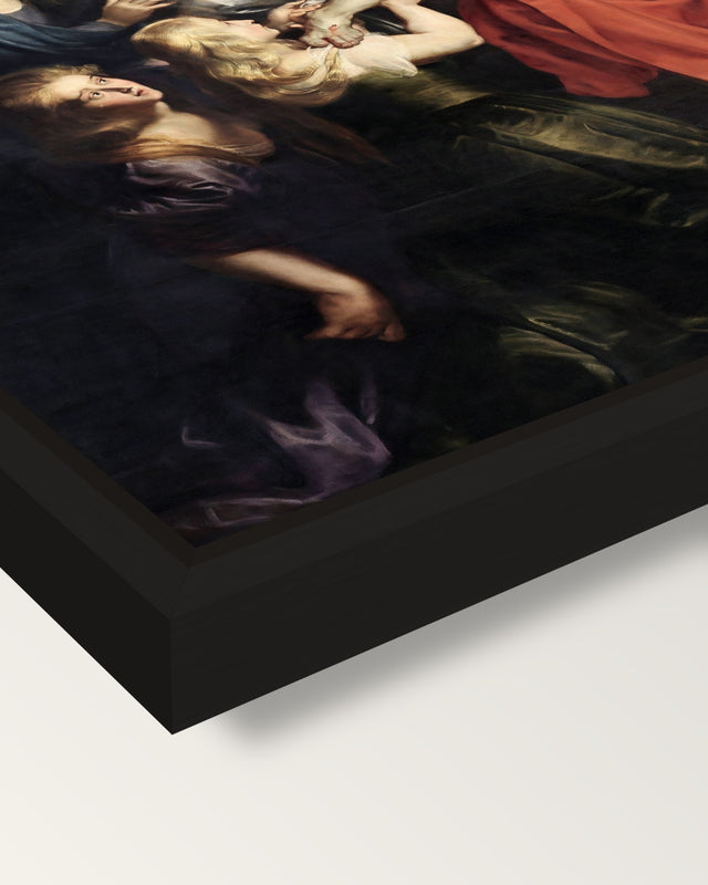 The Descent from the Cross framed canvas, corner close-up: a black floating frame with a shadow gap round the canvas
