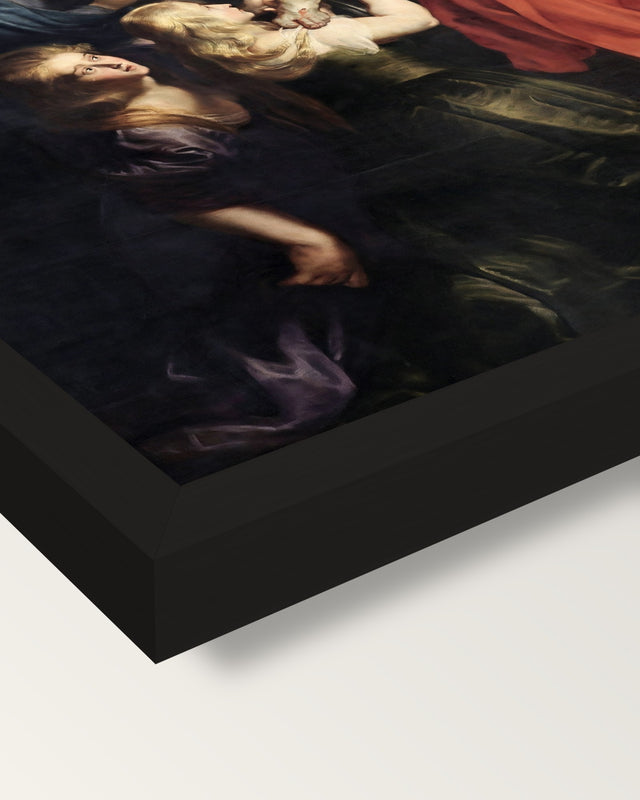 The Descent from the Cross by Rubens framed print, corner close-up: black moulding, mitred, the print set just below its edge