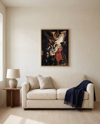 The Descent from the Cross by Peter Paul Rubens framed in natural oak above a cream sofa in a warm living room