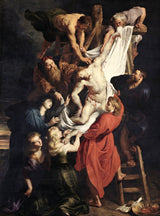 The Descent from the Cross by Rubens: men on ladders lower the pale body of Christ on a white sheet, a man in red below