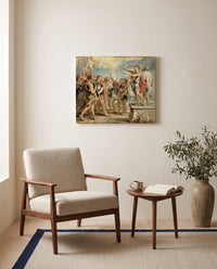 Christ and Constantine by Peter Paul Rubens as a stretched canvas above a linen lounge chair in a reading corner