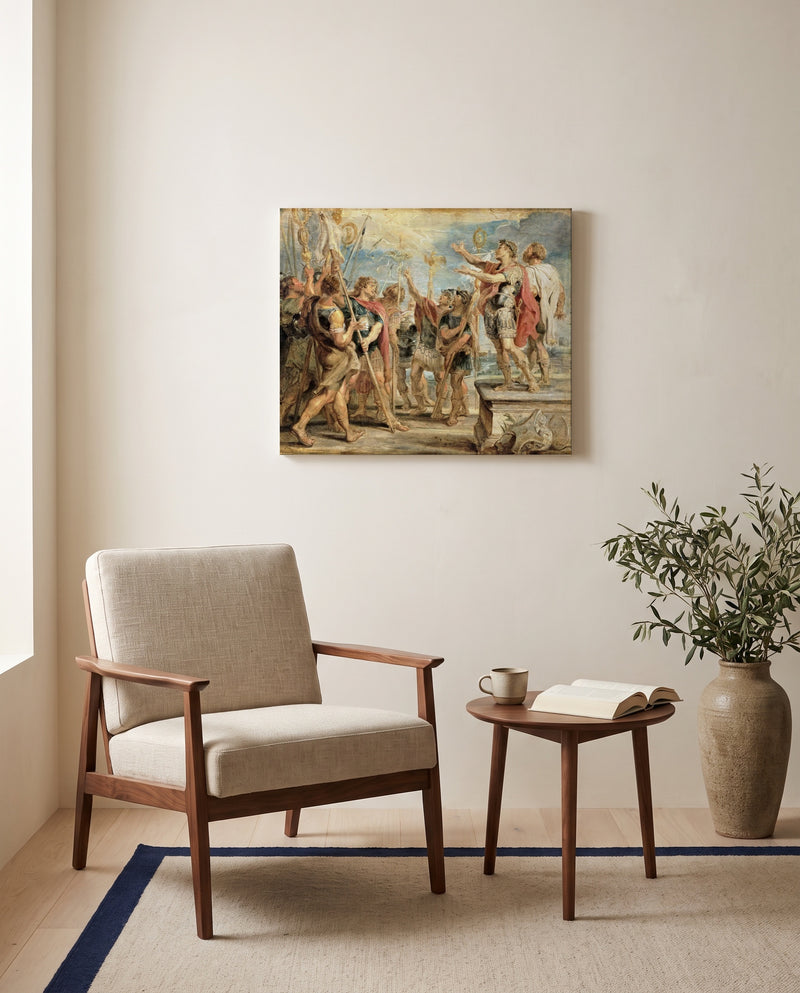 Christ and Constantine by Peter Paul Rubens as a stretched canvas above a linen lounge chair in a reading corner