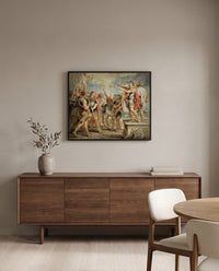 Christ and Constantine by Peter Paul Rubens in a black frame above a walnut sideboard in a dining room
