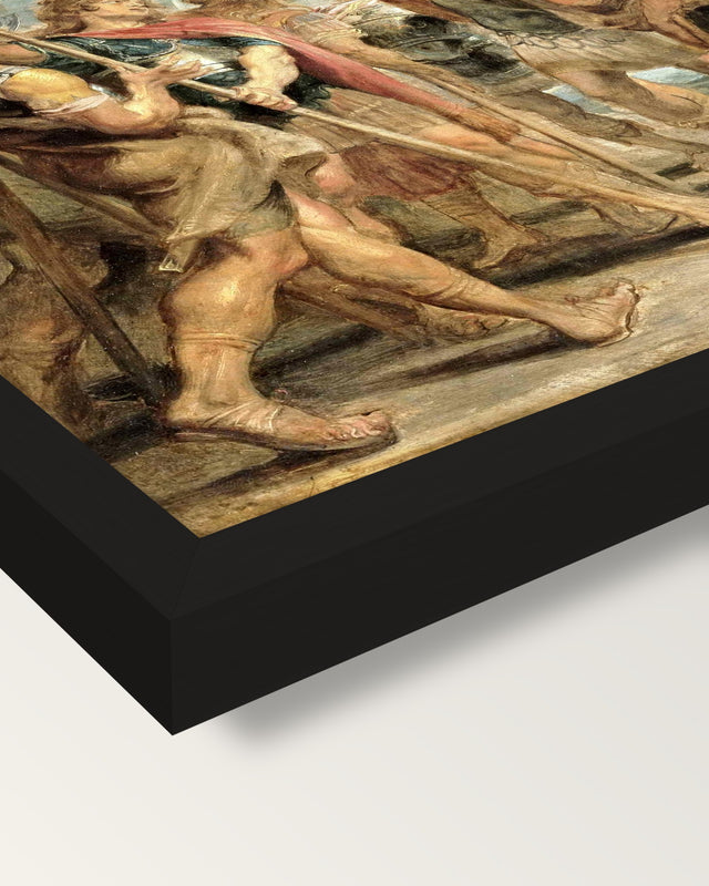 Christ and Constantine by Rubens framed print, corner close-up: black moulding, mitred, the print set just below its edge