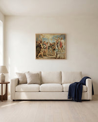 Christ and Constantine by Peter Paul Rubens framed in natural oak above a cream sofa in a warm living room