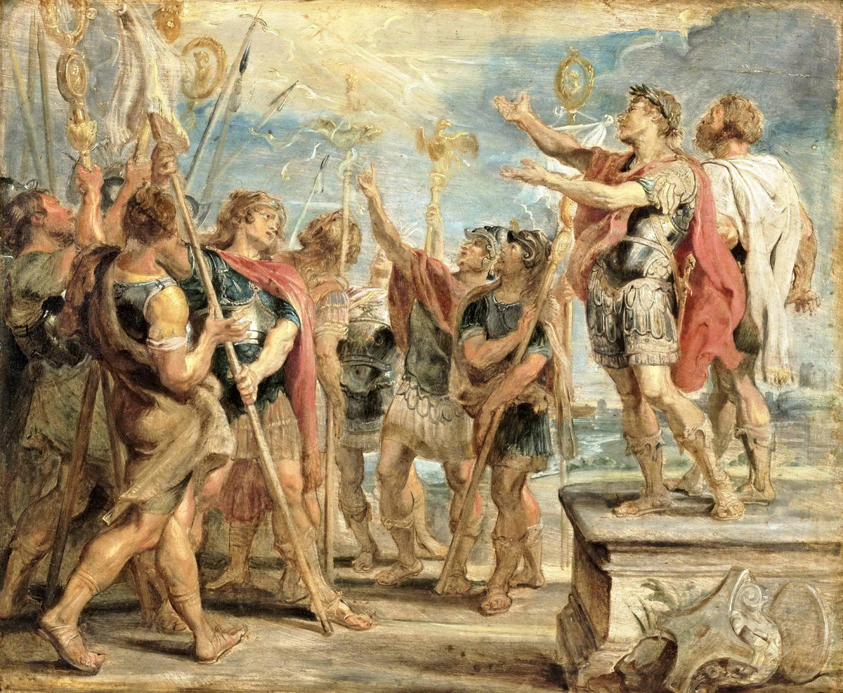 The Emblem of Christ Appearing to Constantine by Rubens: soldiers in armour and an emperor in red point to a cross in the sky