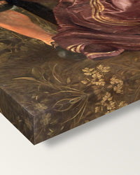 The Honeysuckle Bower by Peter Paul Rubens on stretched canvas, corner close-up: the painting mirror-wrapped round the sides