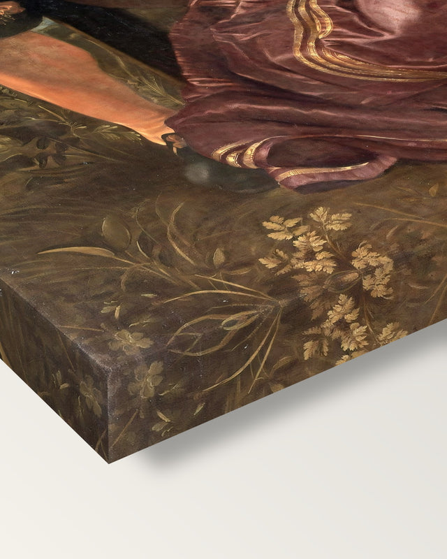 The Honeysuckle Bower by Peter Paul Rubens on stretched canvas, corner close-up: the painting mirror-wrapped round the sides