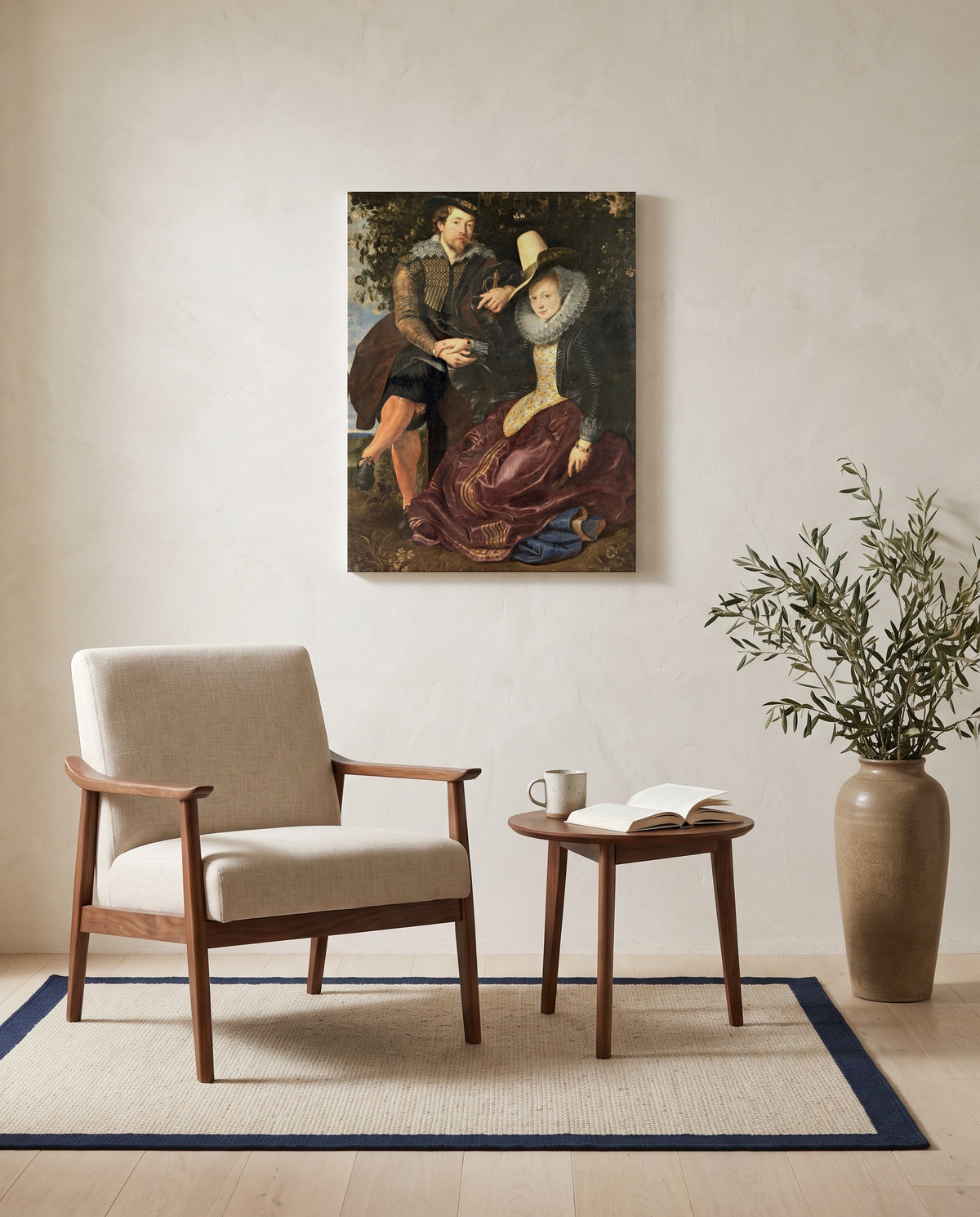 The Honeysuckle Bower by Peter Paul Rubens as a stretched canvas above a linen lounge chair in a reading corner