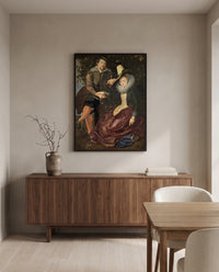 The Honeysuckle Bower by Peter Paul Rubens in a black frame above a walnut sideboard in a dining room